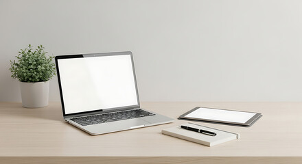 A laptop, tablet, notepad, pen, and plant on a desk against a white wall in a minimalist setting