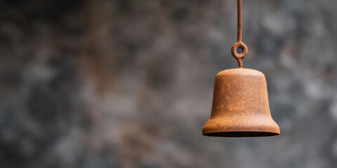 rustic bell hangs against a blurred, textured background, showcasing its aged surface and simple design.