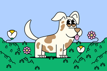 Fototapeta premium Cute cartoon style illustration vector of a spotted dog with big eyes, floppy ears, and its tongue sticking out. The dog is standing on green grass surrounded by bushes and colorful flowers