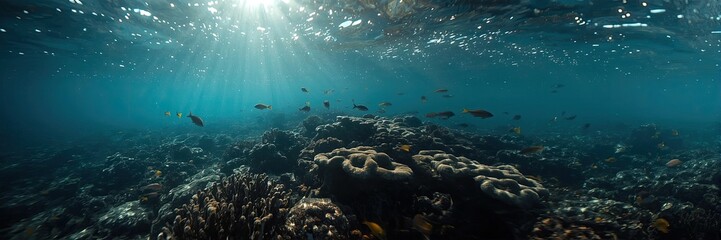 Fototapeta premium Underwater coral reef scene with sunlight penetrating the surface.