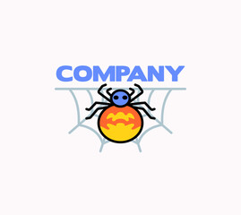 Logo cartoon illustration spider with a bright orange and yellow body sitting on a web suitable as a fun and creative logo design. Perfect for branding, mascot, or themed business graphics