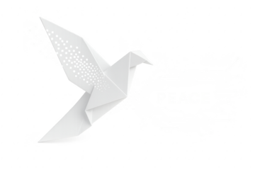 Origami dove transforming into digital pixels dispersing as message of peace