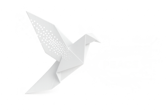 Origami dove transforming into digital pixels dispersing as message of peace