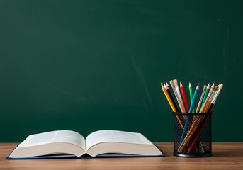An Open Book Surrounded by a Colorful Array of Pencils on a Wooden Desk Against a Green Chalkboard