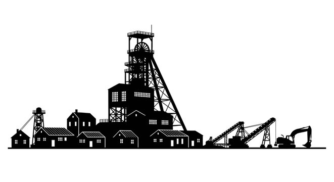 coal mine headframe silhouette illustrating industrial heritage mining operations and resource extraction for presentations reports and educational materials