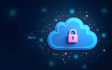 Abstract illustration of cloud security services, stylized cloud icon integrated with a secure padlock symbol, representing data protection and cybersecurity in cloud computing, Generative AI
