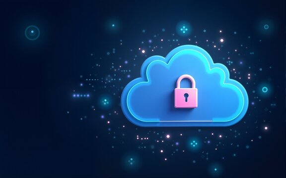 Abstract illustration of cloud security services, stylized cloud icon integrated with a secure padlock symbol, representing data protection and cybersecurity in cloud computing, Generative AI