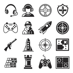 Collection of video game icons including controllers headphones player character shield rocket rifle compass map and chess piece