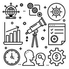 Collection of business and finance icons representing growth strategy and success with a global perspective and time management