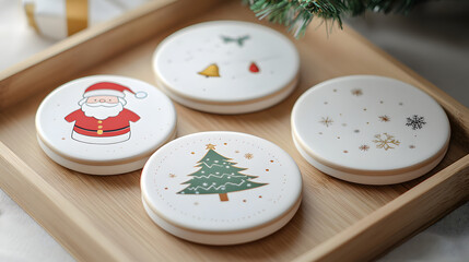 Four Christmas-themed ceramic coasters featuring Santa, a bell, a tree, and a snowman on a wooden tray