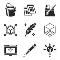 Collection of creative design and art icons including a paint bucket wireframe cube feather computer screen pen and light bulb