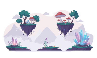 Naklejka premium Illustration Of Twin Floating Mushroom Islands With Crystals, Suitable For Adventure Game Backgrounds Or Animation Scenes