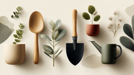 Isometric Flat-Lay of Garden Tools on White Background, Ideal for DIY and Gardening Tutorials
