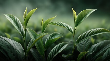 Fototapeta premium Fresh green tea leaves bathed in sunlight at eco-friendly farm, serene nature scene
