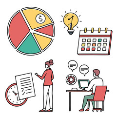 Business meeting with financial chart calendar lightbulb and people working together on projects