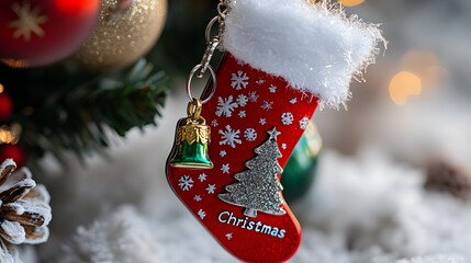 Red Christmas stocking ornament with snowflake and tree design hanging on a decorated tree