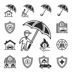 Collection of insurance icons representing protection for home car health and financial security with umbrellas and shields