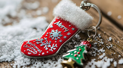 Red Christmas stocking ornament with snowflake and tree design hanging on a decorated tree