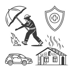 Firefighter protecting house and car from fire with umbrella and medical shield for safety and insurance concepts