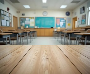 Bright classroom background with wood table offers academic possibilities and learning potential for promotions