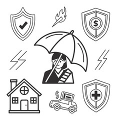 Naklejka premium Insurance concept illustration with diverse coverage symbols like home car health financial security and protection from hazards