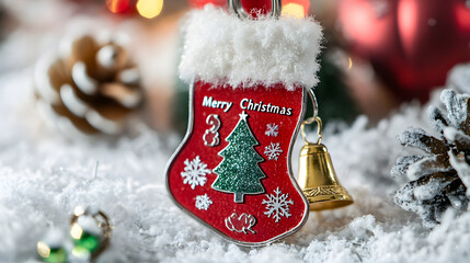 Red Christmas stocking ornament with snowflake and tree design hanging on a decorated tree