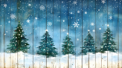 Snowy winter scene with evergreen trees against a wooden fence background