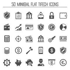 Collection of 50 minimal flat icons representing finance security and business concepts in a clean modern style