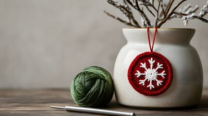 Red crocheted snowflake ornament hanging beside a white vase with twigs and a green yarn ball on a neutral surface