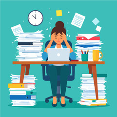 Woman with head in hands sitting at a desk with stacks of paperwork, using a laptop, feeling stressed and overworked with a clock showing a deadline approaching.