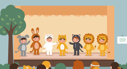 Fototapeta premium Children in Animal Costumes Performing on Stage.