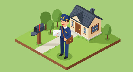 Smiling Mailman Delivering Letter Near House Illustration.