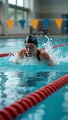 Focused female swimmer competing in a pool