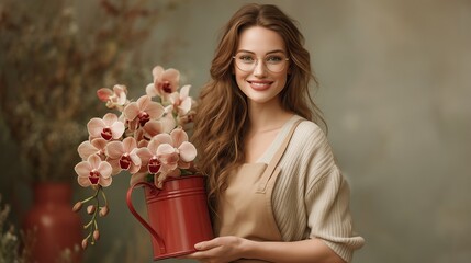 Young smiling woman gardener tending orchid in vintage red milk can with warm tones and copy space