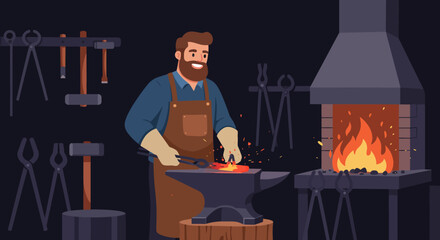 Fototapeta premium Smiling Blacksmith Working with Fire and Anvil.