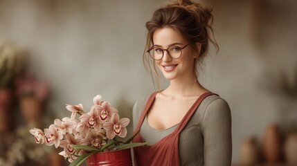Young smiling woman gardener tending orchid in vintage red milk can with warm tones and copy space