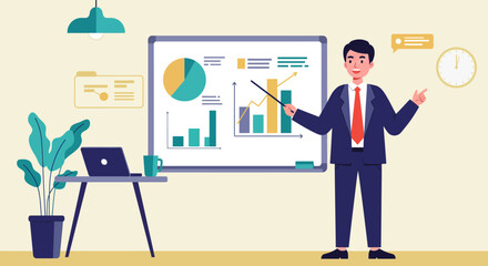 Business Presentation: Smiling Man Explaining Charts and Graphs.