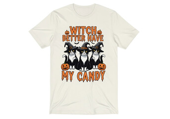 A cream-colored t-shirt features a graphic design. Three black and white cats, stylized as Halloween characters