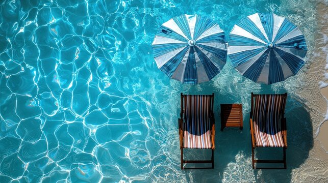 Relaxing Summer Scene: Poolside Paradise with Blue Umbrellas and Lounge Chairs