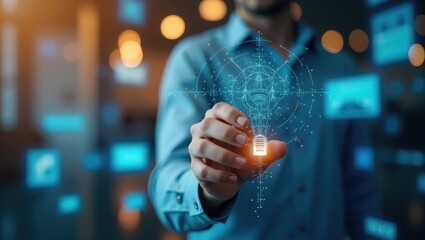 Person interacting with a digital lightbulb illustration.