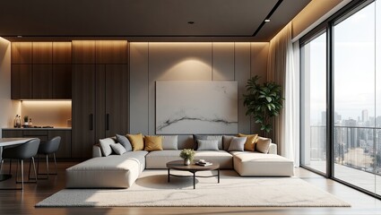 Modern living room interior design with city view.