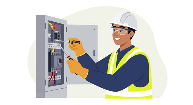 Smiling Electrician Working on Electrical Panel with Tools.
