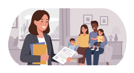 Smiling Realtor Presenting Documents to Family in Home.