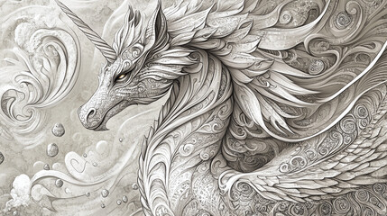 Hand-Drawn Fantasy Creature with Intricate Scales, Mane, and Wings Against Whimsical Background © Shanorsila