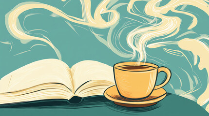 Hand-Drawn Coffee Cup with Rising Steam Beside Book in Cozy Inviting Atmosphere