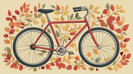 Fototapeta premium Hand-Drawn Vintage Bicycle with Detailed Spokes, Handlebars, and Tires Surrounded by Leaves and Flowers