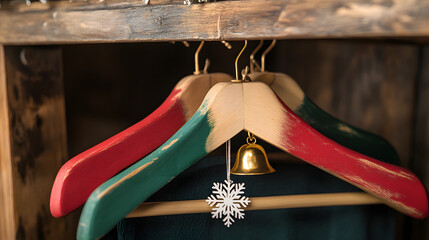 Colorful wooden clothing hangers adorned with snowflake and bell ornaments, arranged in a row.