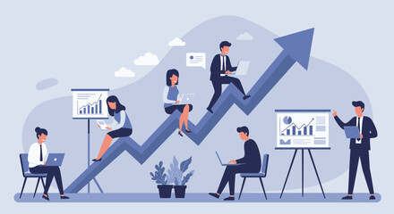 Fototapeta premium Business Team Climbing Upward Arrow with Laptops.