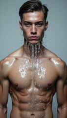 Fototapeta premium Striking male model with water cascading down his chest
