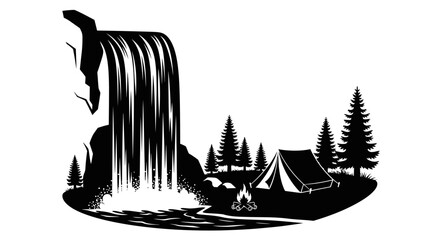 serene waterfall camping scene black and white illustration perfect for outdoor adventure branding travel websites and naturethemed projects